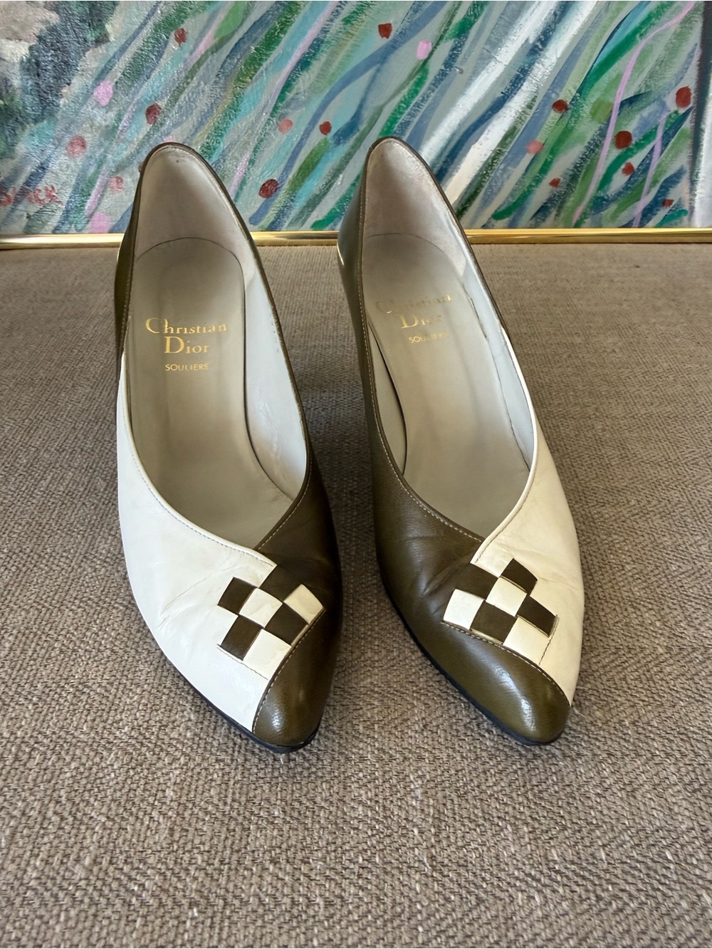 Dior Vintage Two-Tone Olive Green and Ivory Pointed Toe Pumps